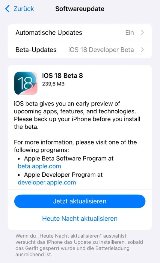 仙居苹果手机维修分享苹果 iOS / iPadOS 18 开发者预览版 Beta 8 发布 